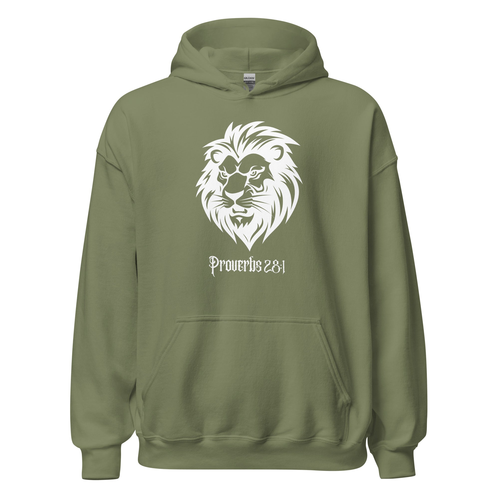 Military Green Scripture hoodie featuring a lion and referencing Proverbs 28:1