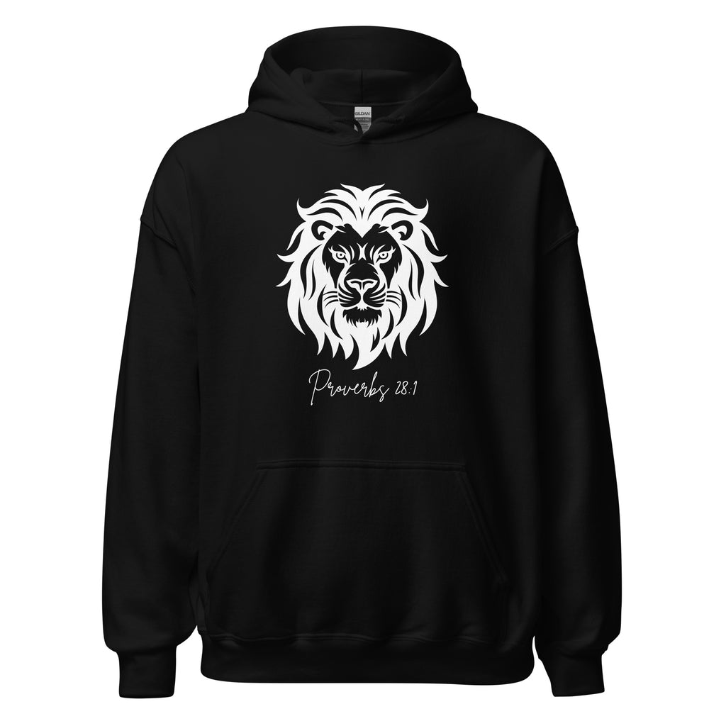 Black women’s Christian hoodie flat lay showing front lion design with Proverbs 28:1 in white script