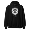 Black women’s Christian hoodie flat lay showing front lion design with Proverbs 28:1 in white script
