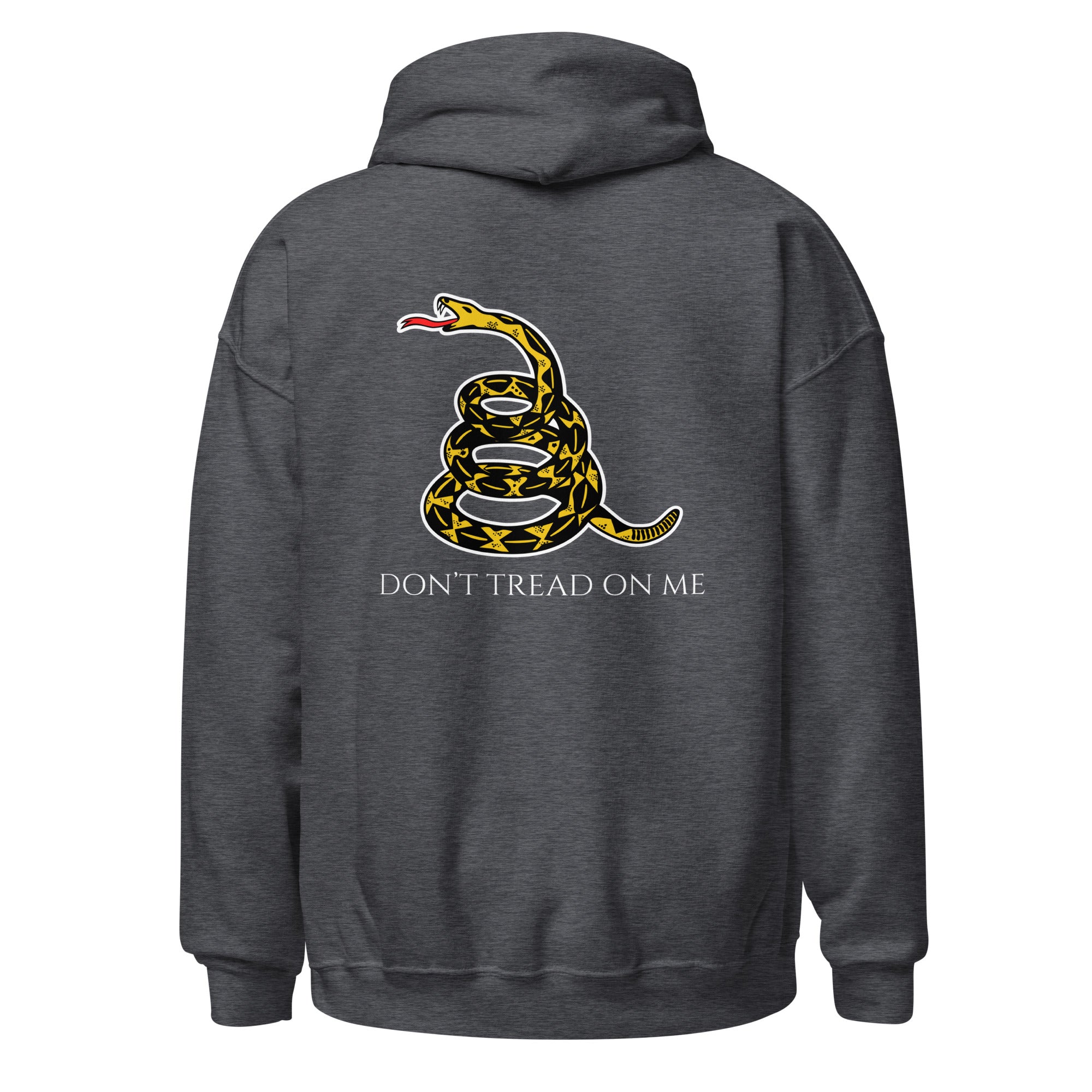 Dark heather women’s Christian hoodie flat lay with historic snake and “Don’t Tread on Me” text on the back