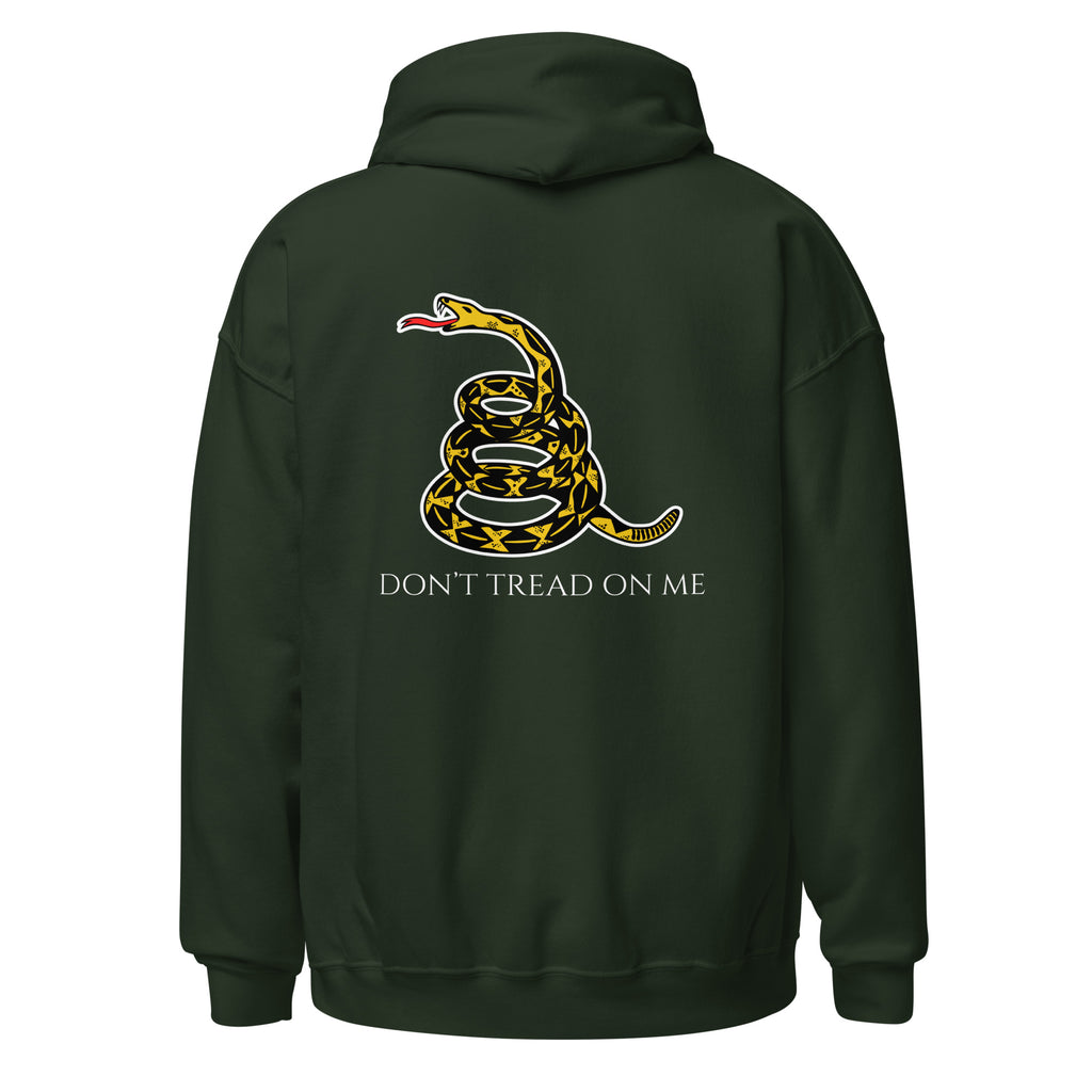 Forest green women’s Christian hoodie flat lay showing historic snake and “Don’t Tread on Me” text on the back