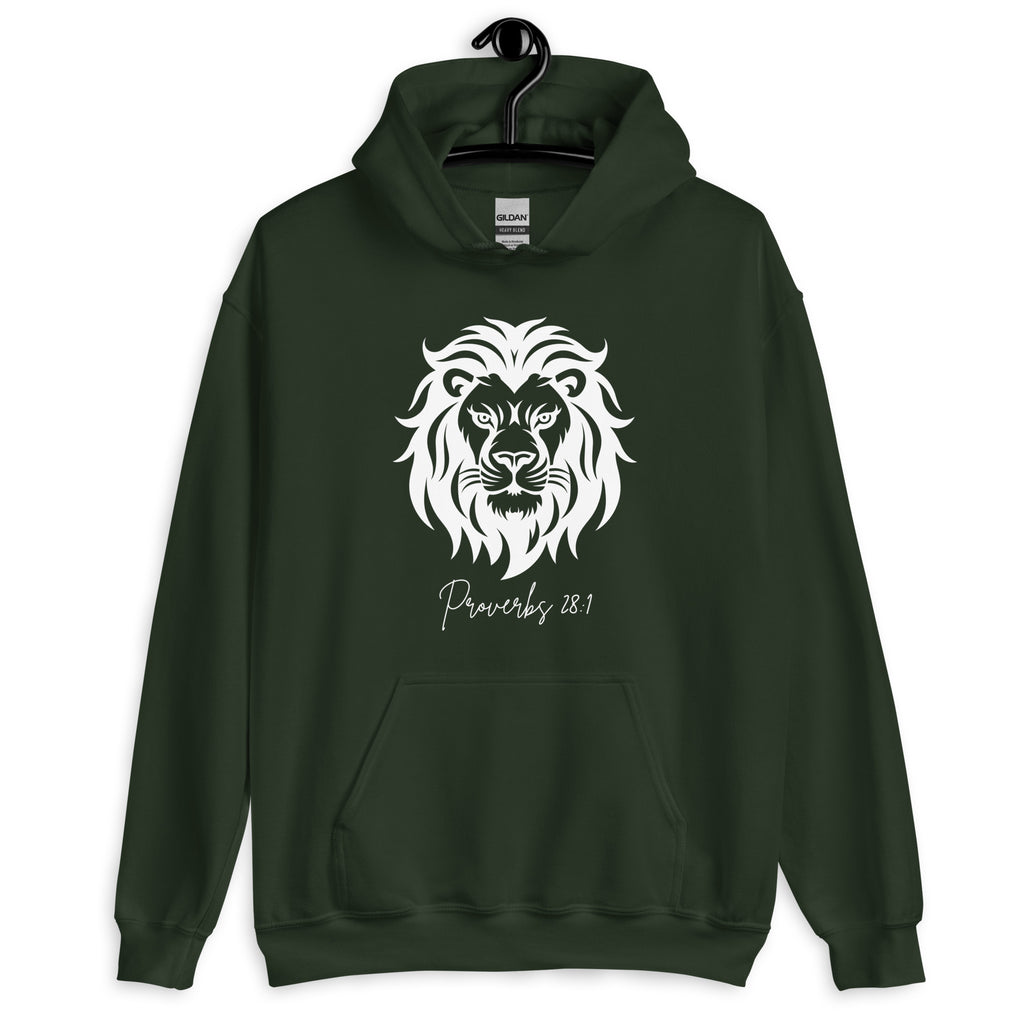 Forest green women’s Christian hoodie on hanger featuring a white lion graphic with Proverbs 28:1 in script font on the front