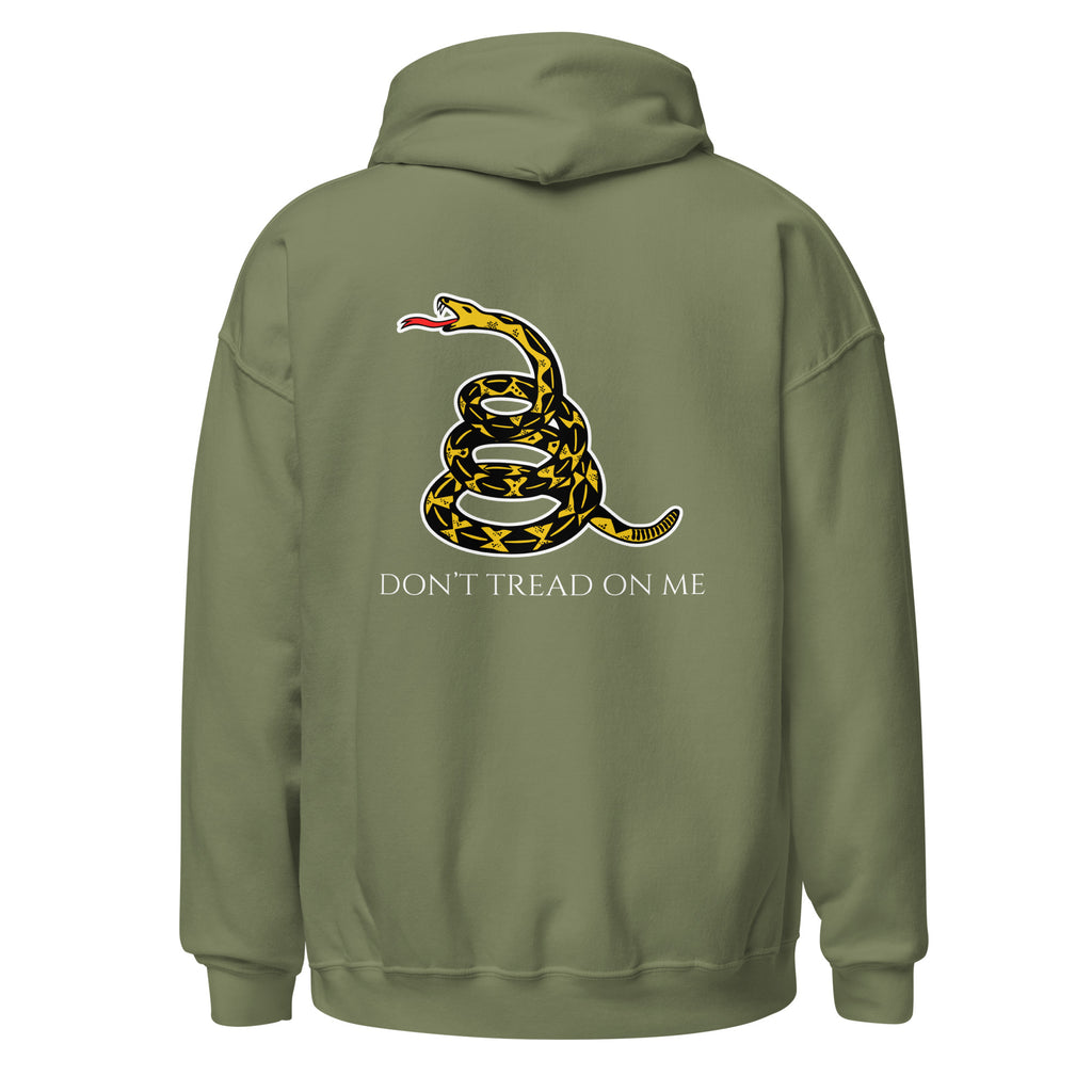 Military green women’s Christian hoodie flat lay featuring historic snake with “Don’t Tread on Me” text on the back