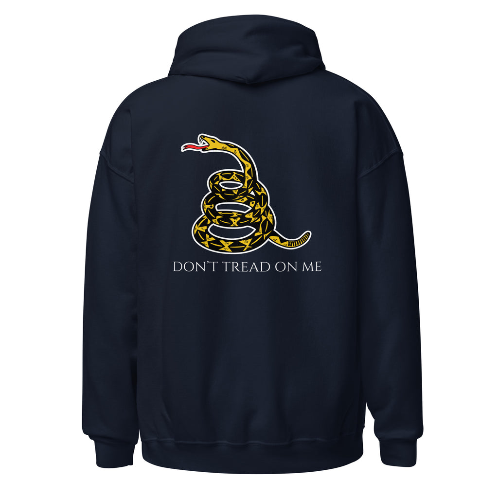 Navy women’s Christian hoodie flat lay featuring historic snake and “Don’t Tread on Me” text on the back