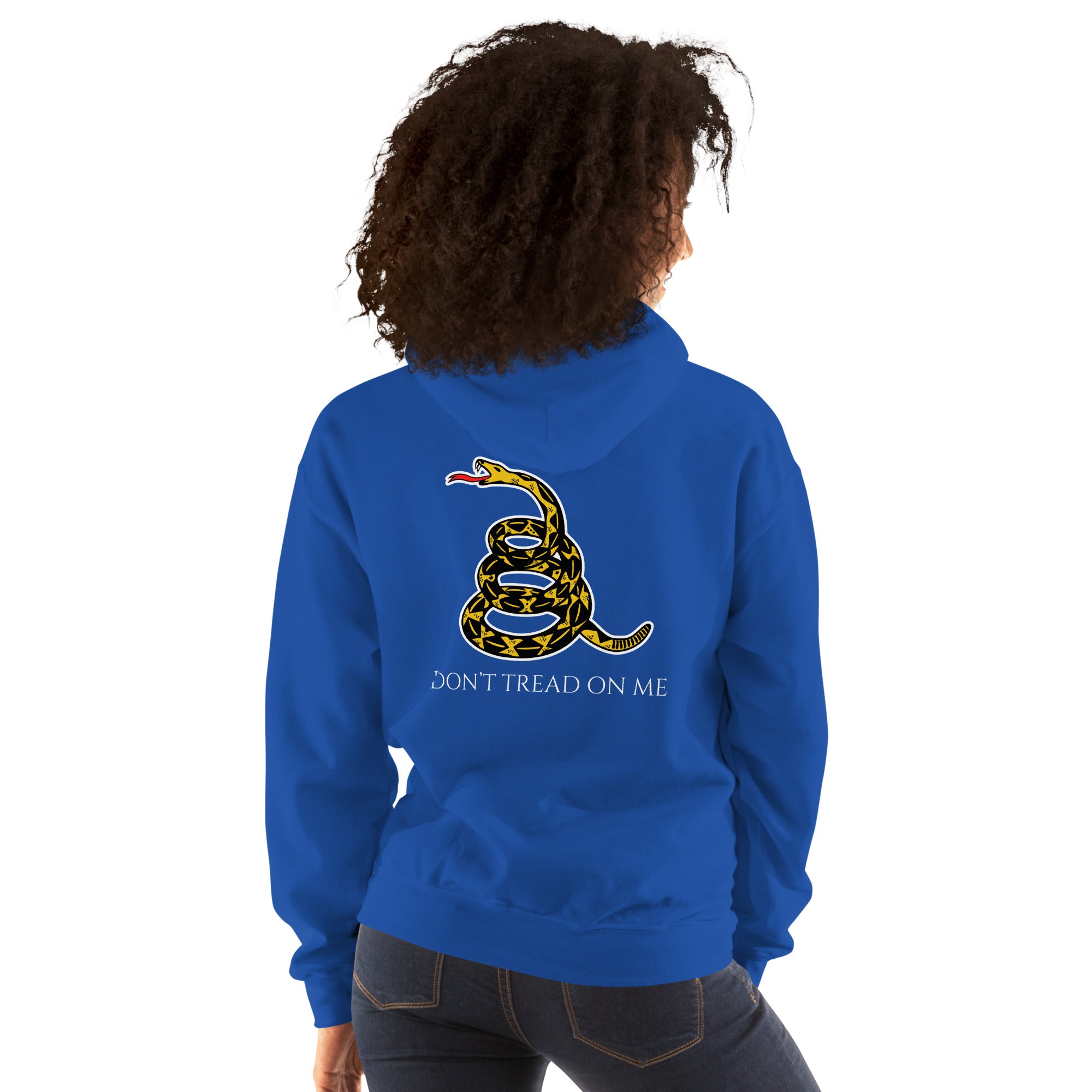 Close-up of woman wearing royal blue Christian hoodie highlighting the historic snake and “Don’t Tread on Me” text on the back