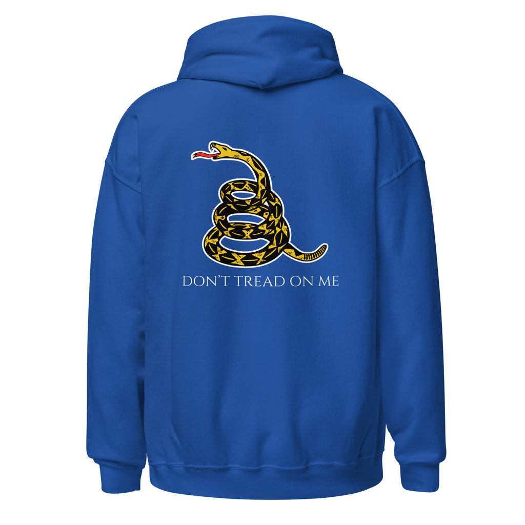 Royal blue women’s Christian hoodie flat lay showing historic snake and “Don’t Tread on Me” text on the back