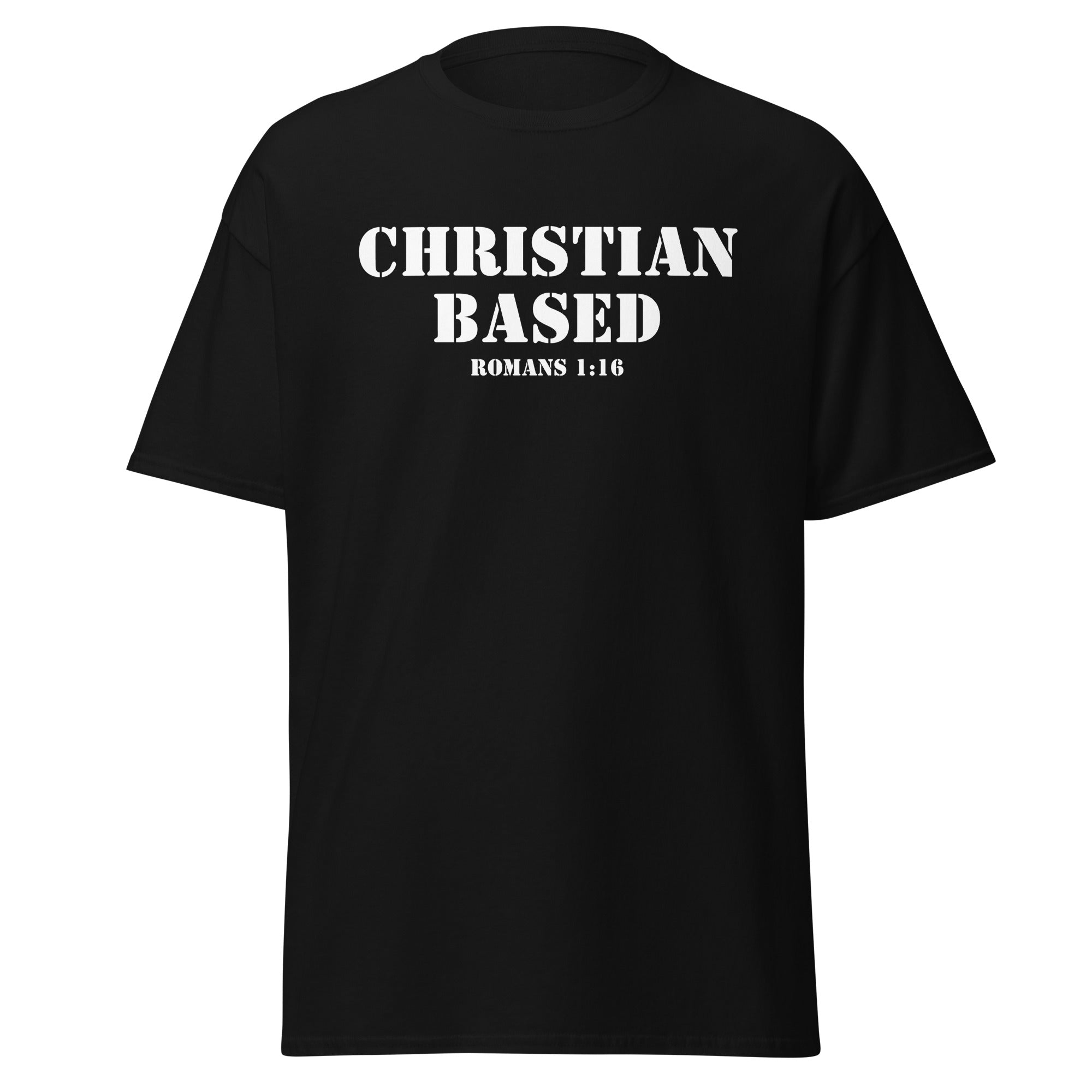 Black men’s Christian t-shirt lay flat front image showing Christian Based and Romans 1:16 in a bold military stencil font