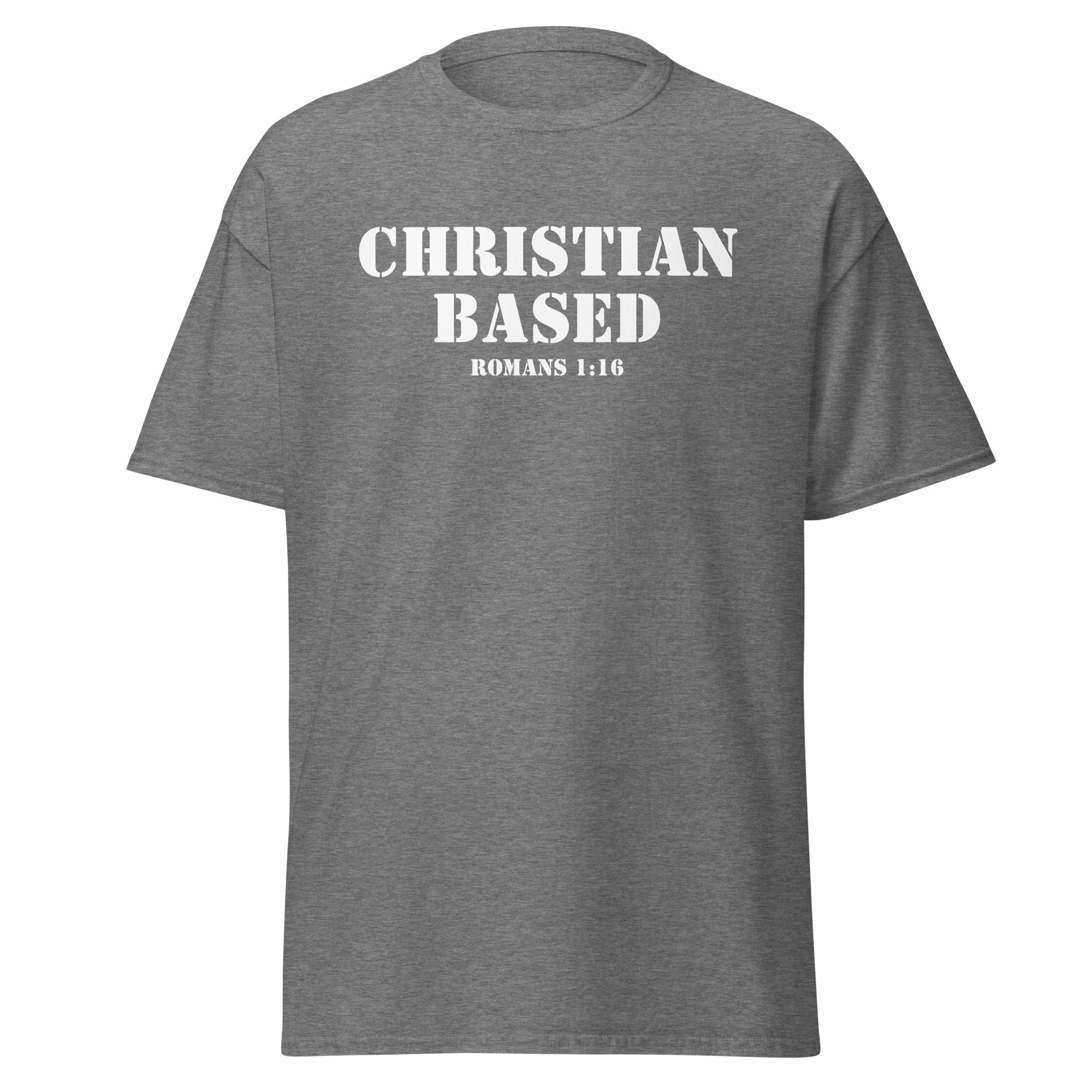 Graphite heather gray men’s Christian t-shirt lay flat front image showing Christian Based and Romans 1:16 in military stencil typography