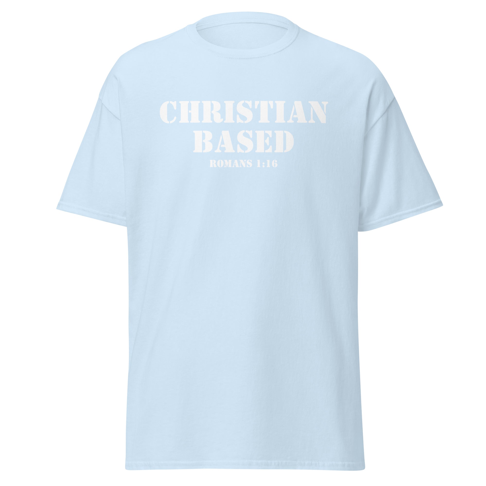 Light blue men’s Christian t-shirt lay flat front image showing Christian Based and Romans 1:16 in military stencil typography