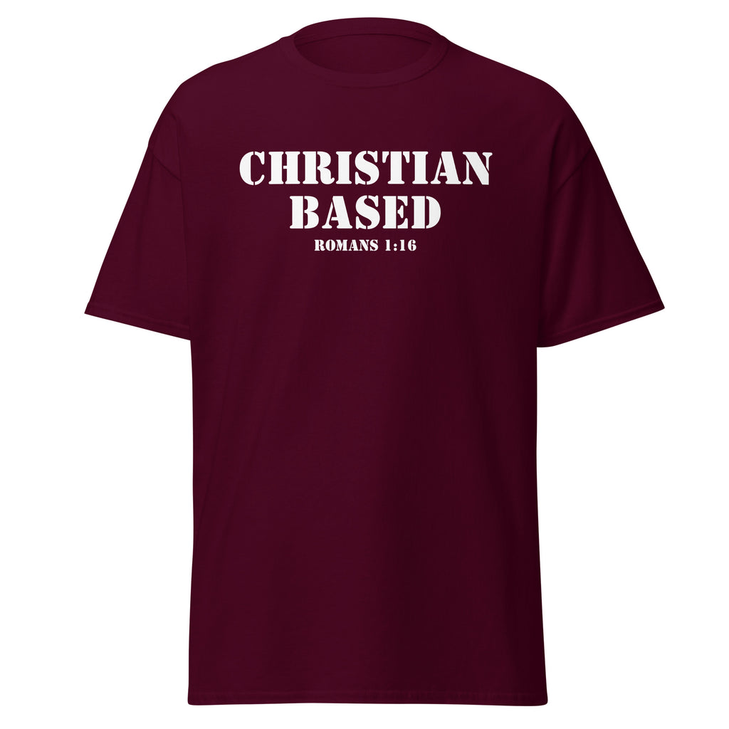 Maroon men’s Christian t-shirt lay flat front view with the text Christian Based and Romans 1:16 in a military stencil style font