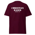 Maroon men’s Christian t-shirt lay flat front view with the text Christian Based and Romans 1:16 in a military stencil style font