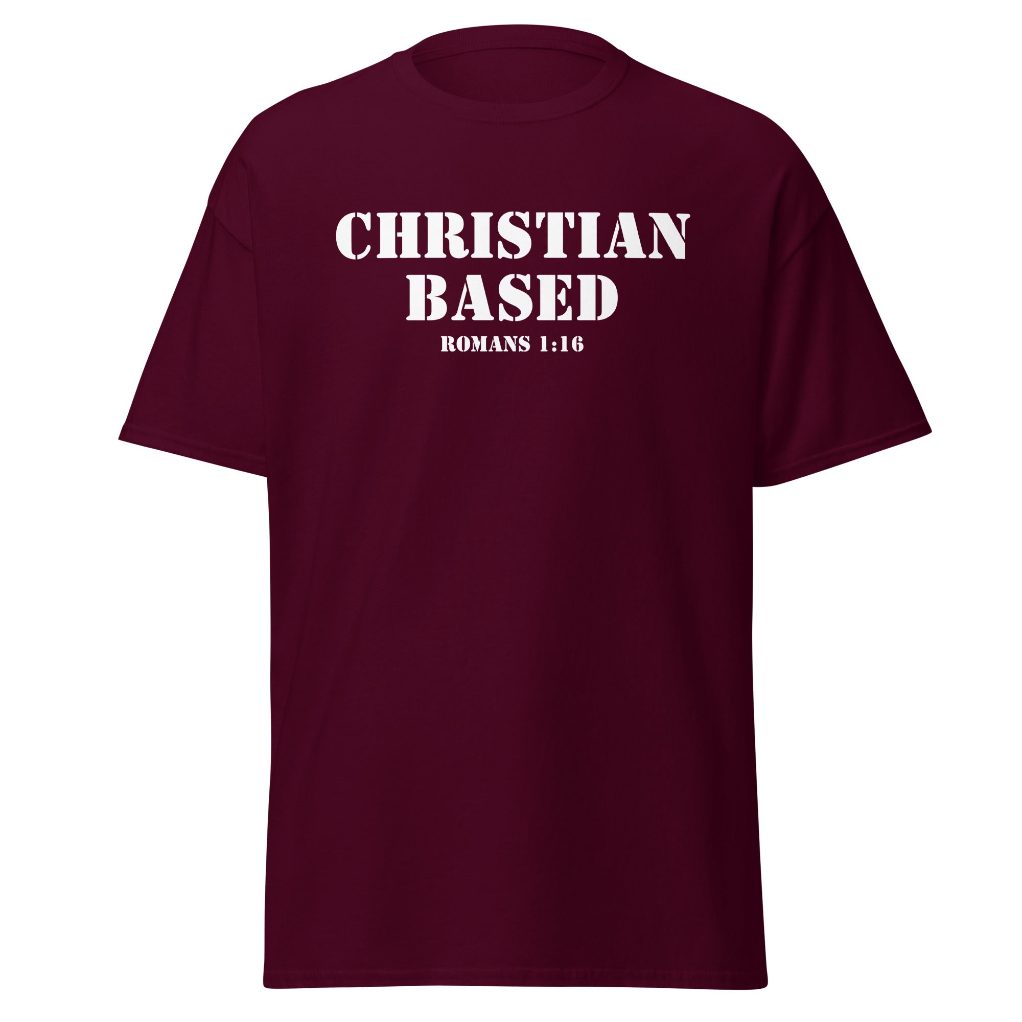Maroon men’s Christian t-shirt lay flat front view with the text Christian Based and Romans 1:16 in a military stencil style font