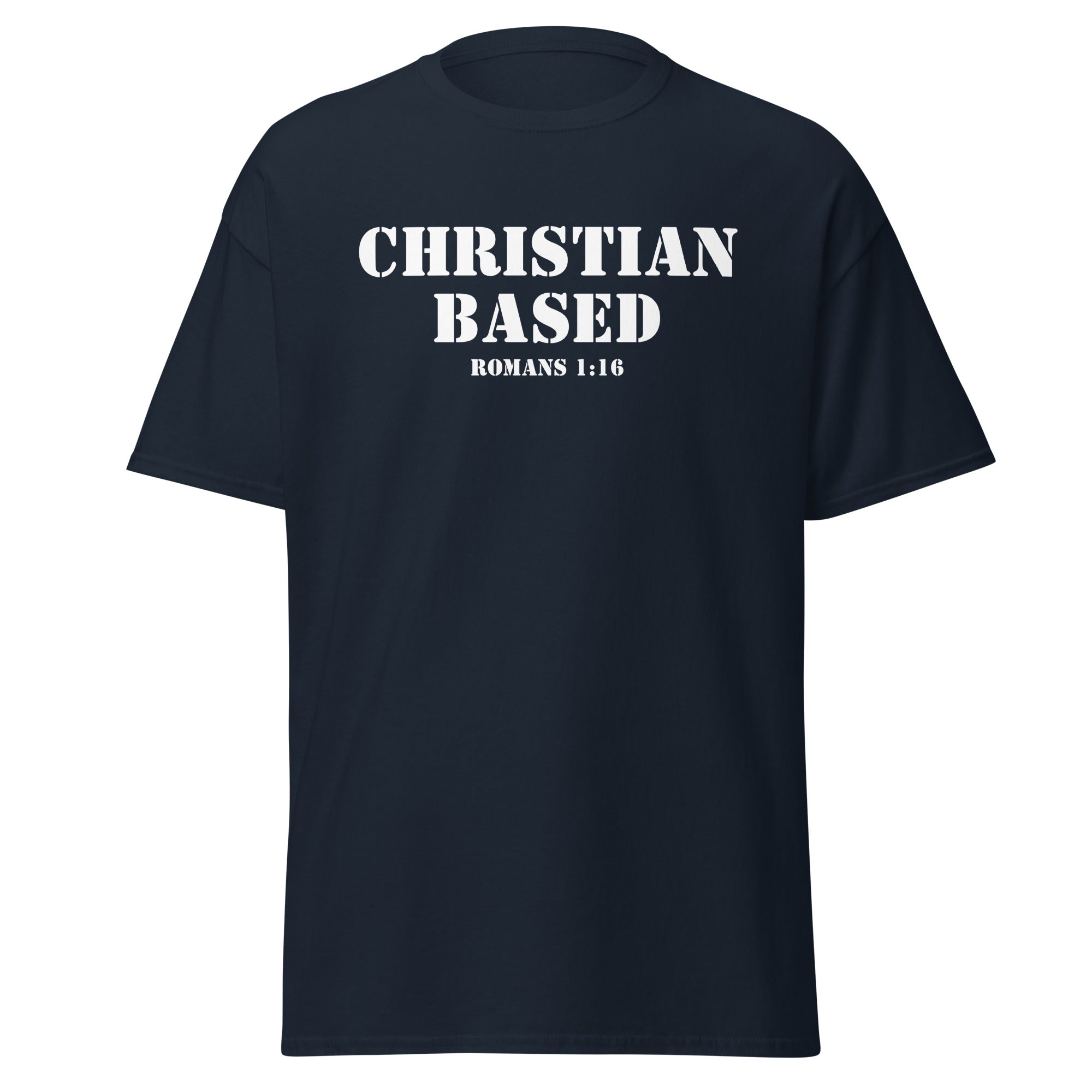 Navy men’s Christian t-shirt lay flat front view with the words Christian Based and Romans 1:16 in a military stencil style font