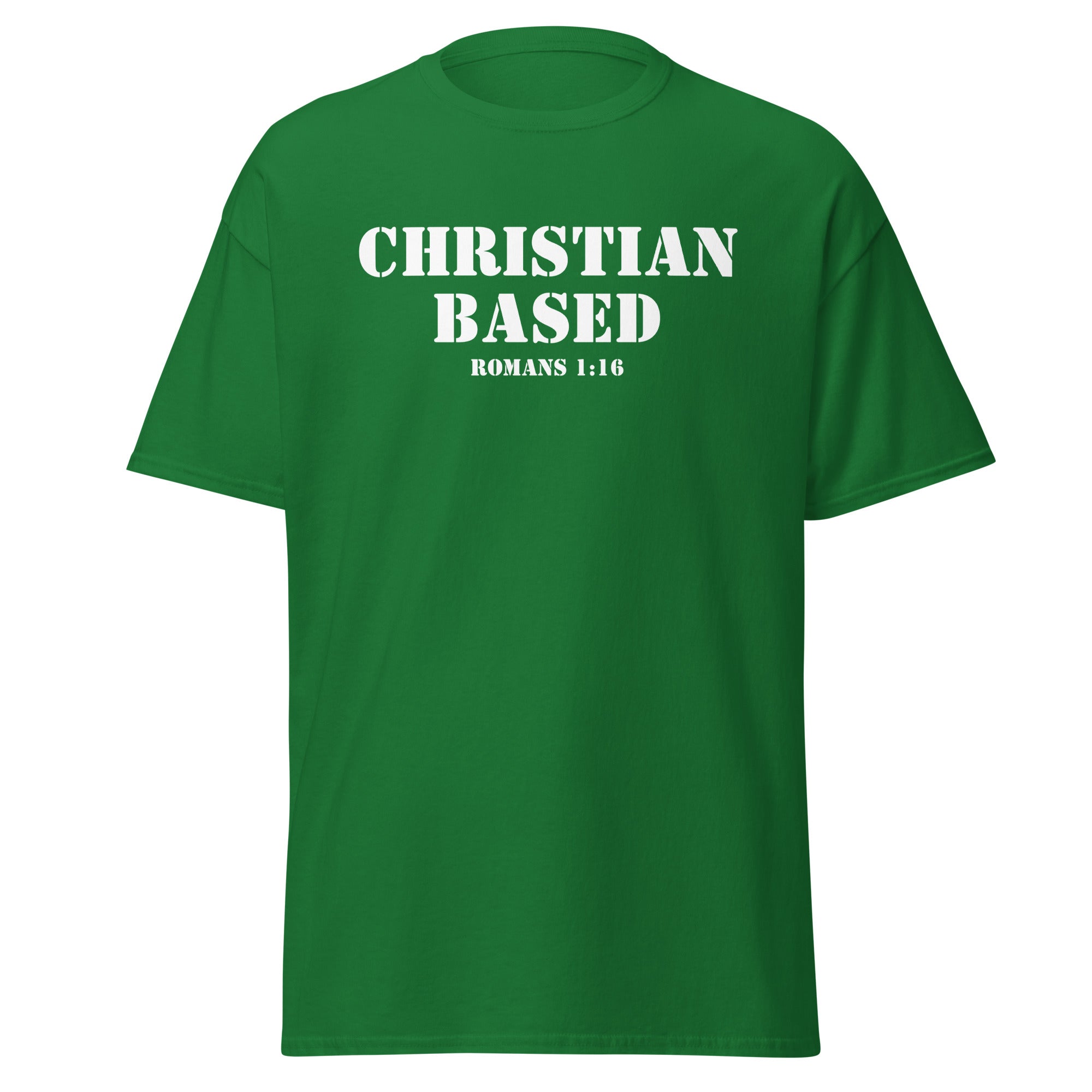 Turf green men’s Christian t-shirt lay flat front view with the text Christian Based and Romans 1:16 printed in military stencil lettering
