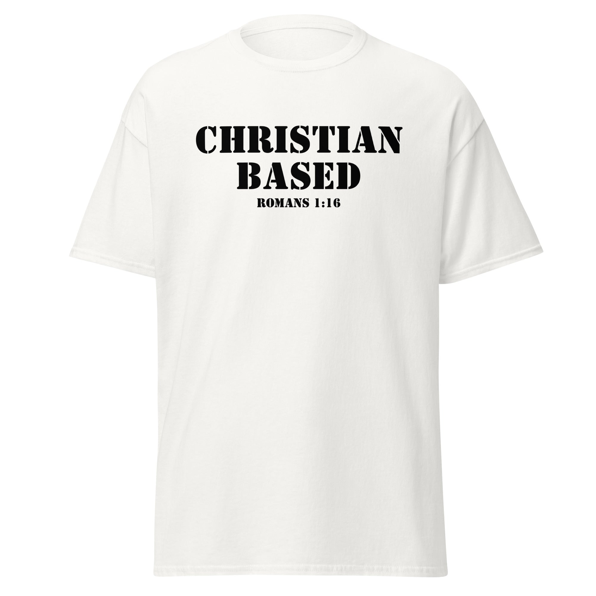 White men’s Christian t-shirt lay flat front image displaying Christian Based and Romans 1:16 in a bold military stencil font