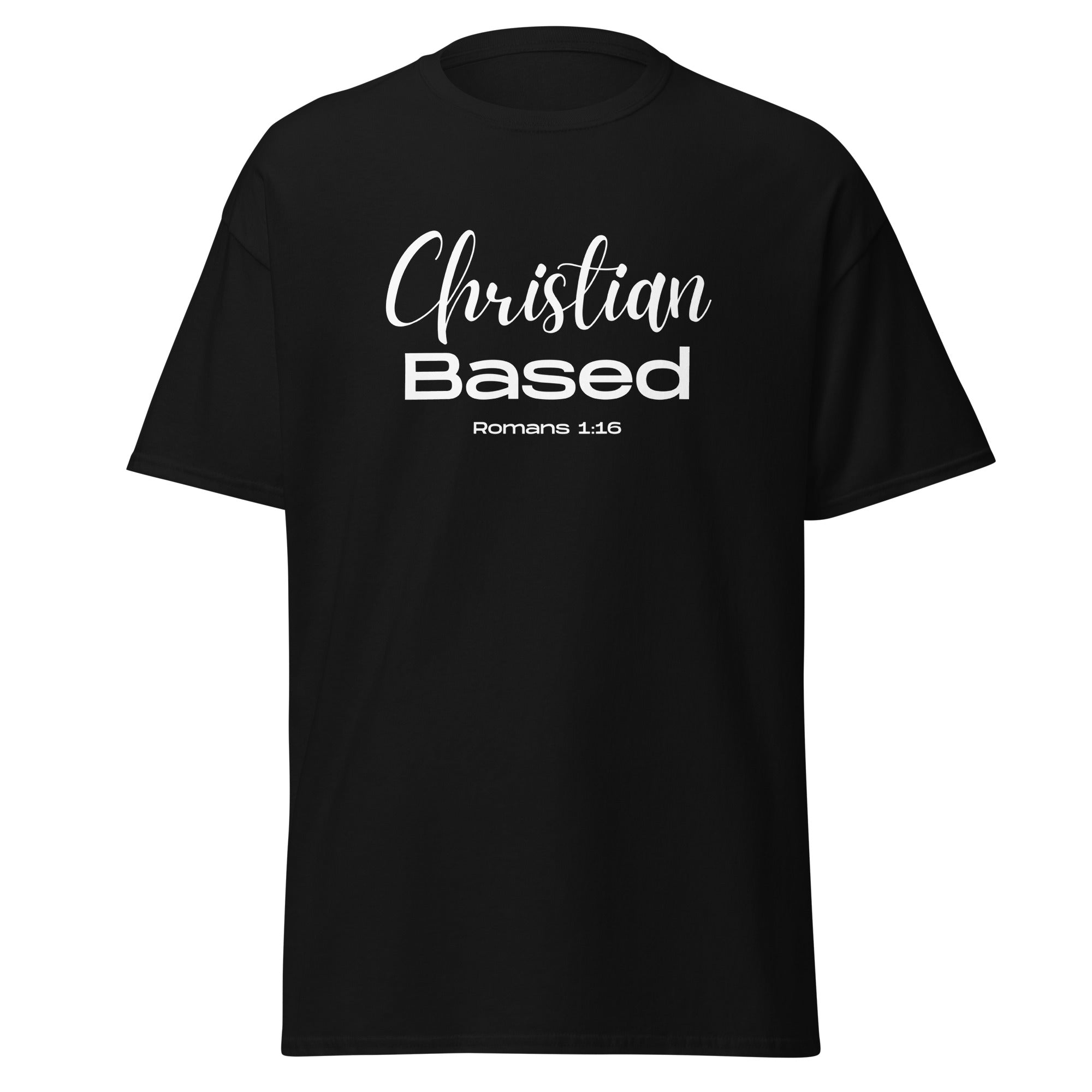 Black women’s Christian t-shirt lay flat front view featuring the words Christian Based with Romans 1:16 in feminine handwritten and bold block fonts