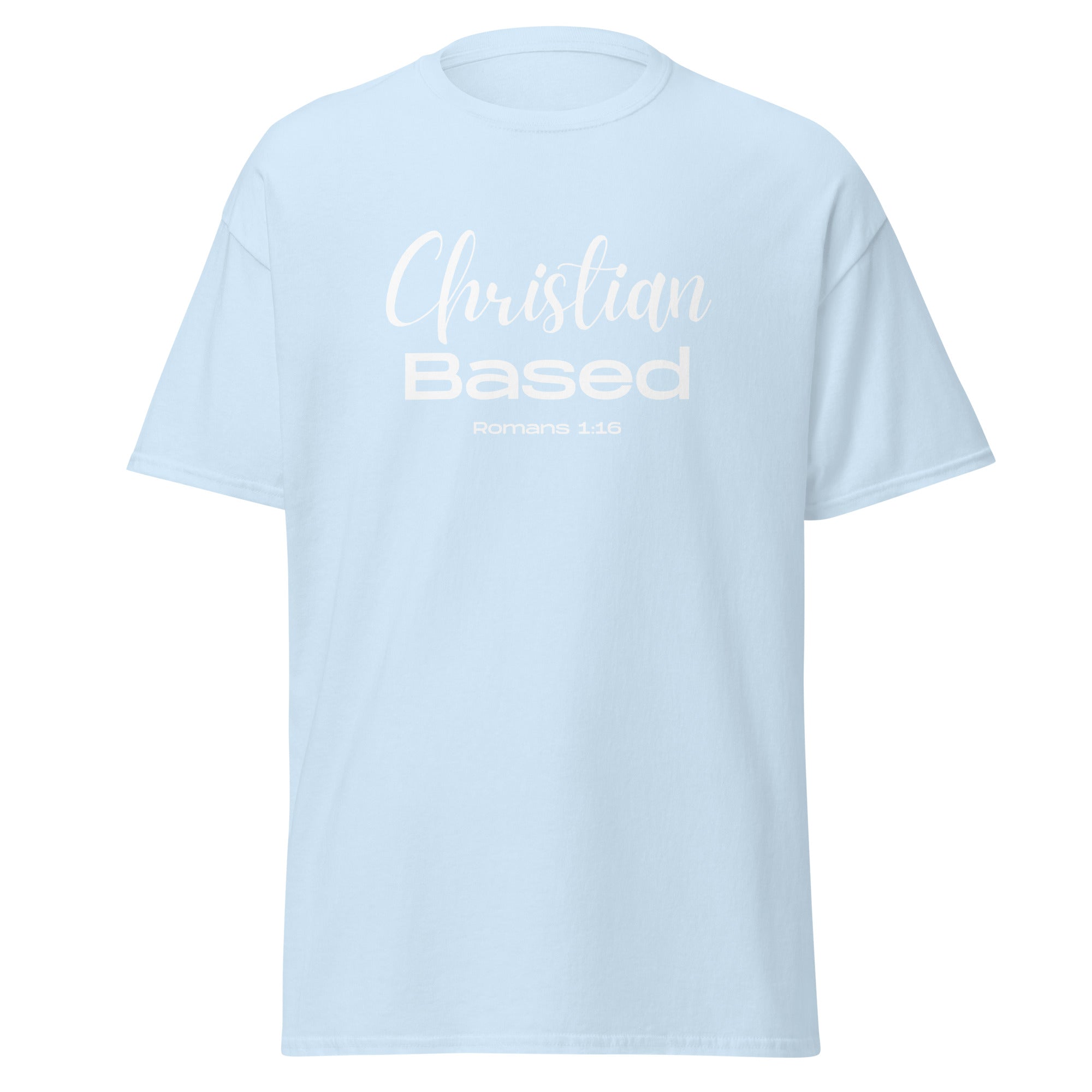 Light blue women’s Christian t-shirt lay flat front view with Christian Based and Romans 1:16 written in feminine handwritten and bold block fonts