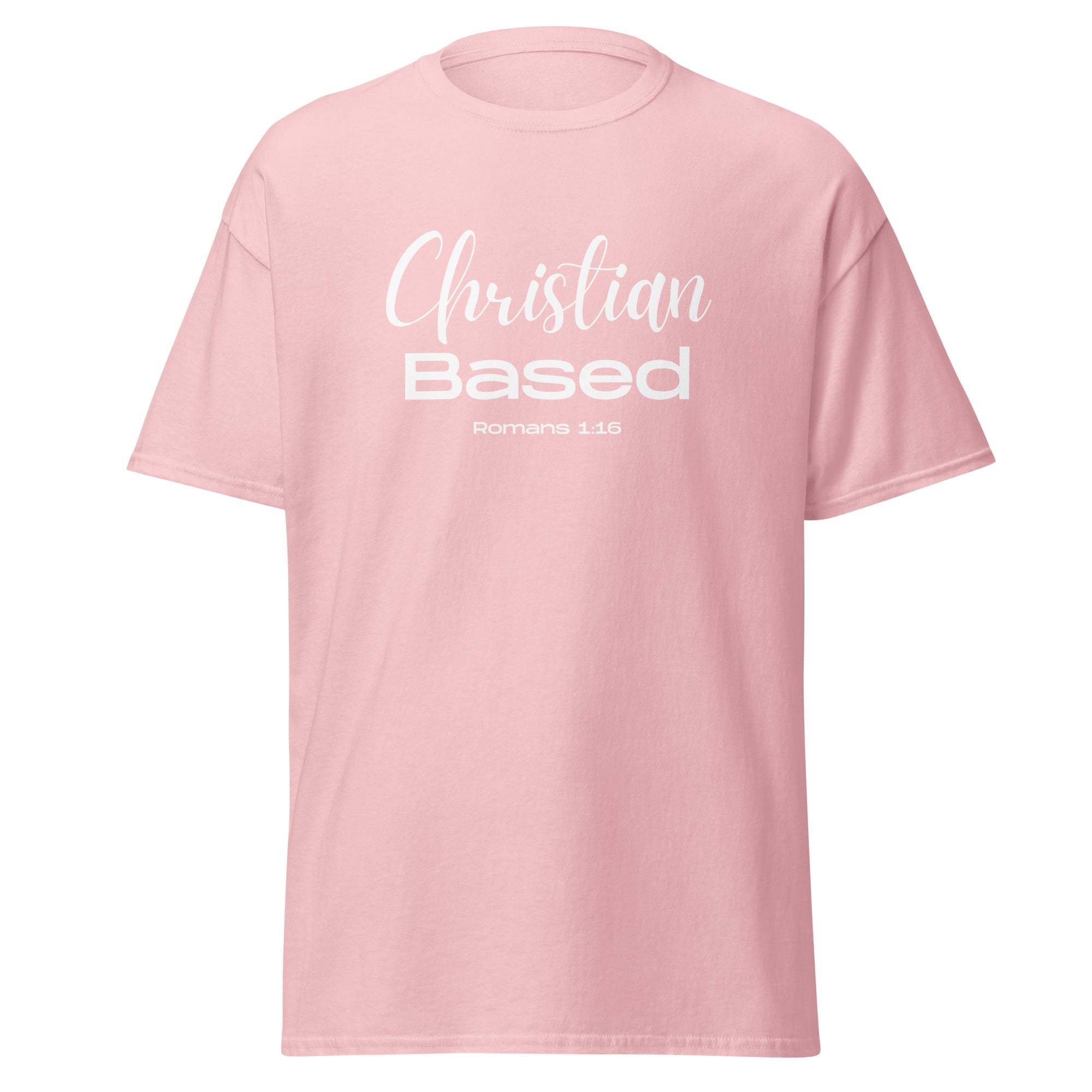 Light pink women’s Christian t-shirt lay flat front featuring Christian Based and Romans 1:16 with feminine handwritten and block font design