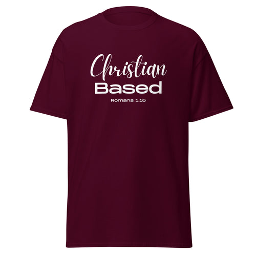 Maroon women’s Christian t-shirt lay flat front view with text Christian Based and Romans 1:16 in feminine handwritten and block fonts