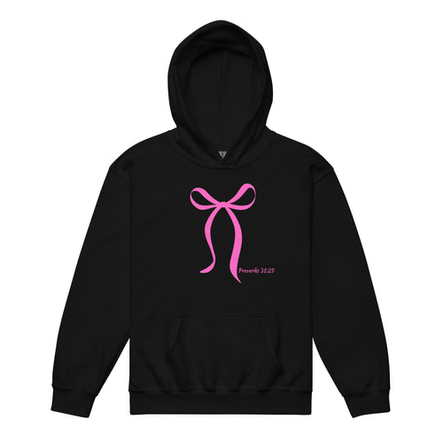 Flat lay of black girls Christian hoodie featuring dark pink bow and Proverbs 31:25 on the front