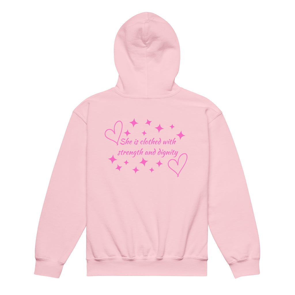 Flat lay of light pink girls Christian hoodie showing the back design with dark pink hearts and stars and the Scripture text reading She is clothed with strength and dignity from Proverbs 31:25