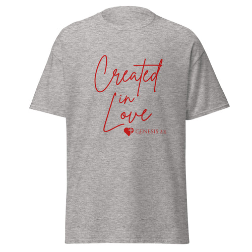 Lay flat image of women’s Christian short sleeve t-shirt in sport grey with Created in Love text and Genesis 2:22 beside a heart and cross