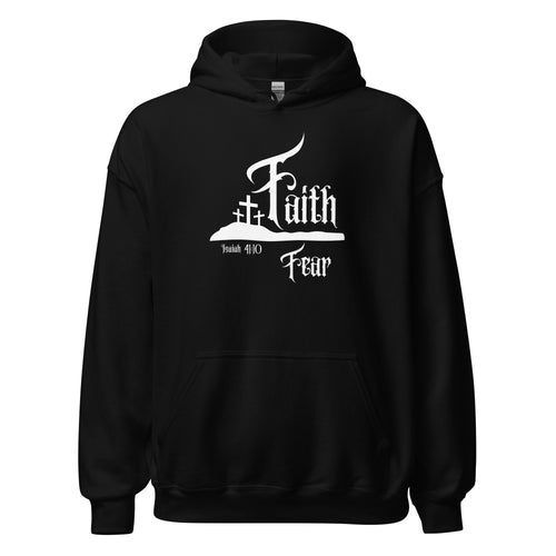 Faith Over Fear men’s Christian hoodie front view in black featuring the word “Faith” above “Fear” separated by a three crosses on a hill design inspired by Isaiah 41:10