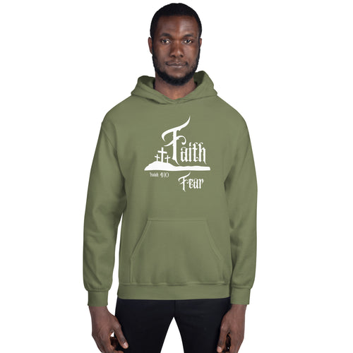 Faith Over Fear men’s Christian hoodie front view in military green featuring the Faith over Fear design with a three crosses hill inspired by Isaiah 41:10