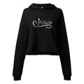 Women’s cropped Christian hoodie featuring Faith Over Fear typography with Faith above Fear, separated by a heart and cross design, inspired by Isaiah 41:10, shown in black