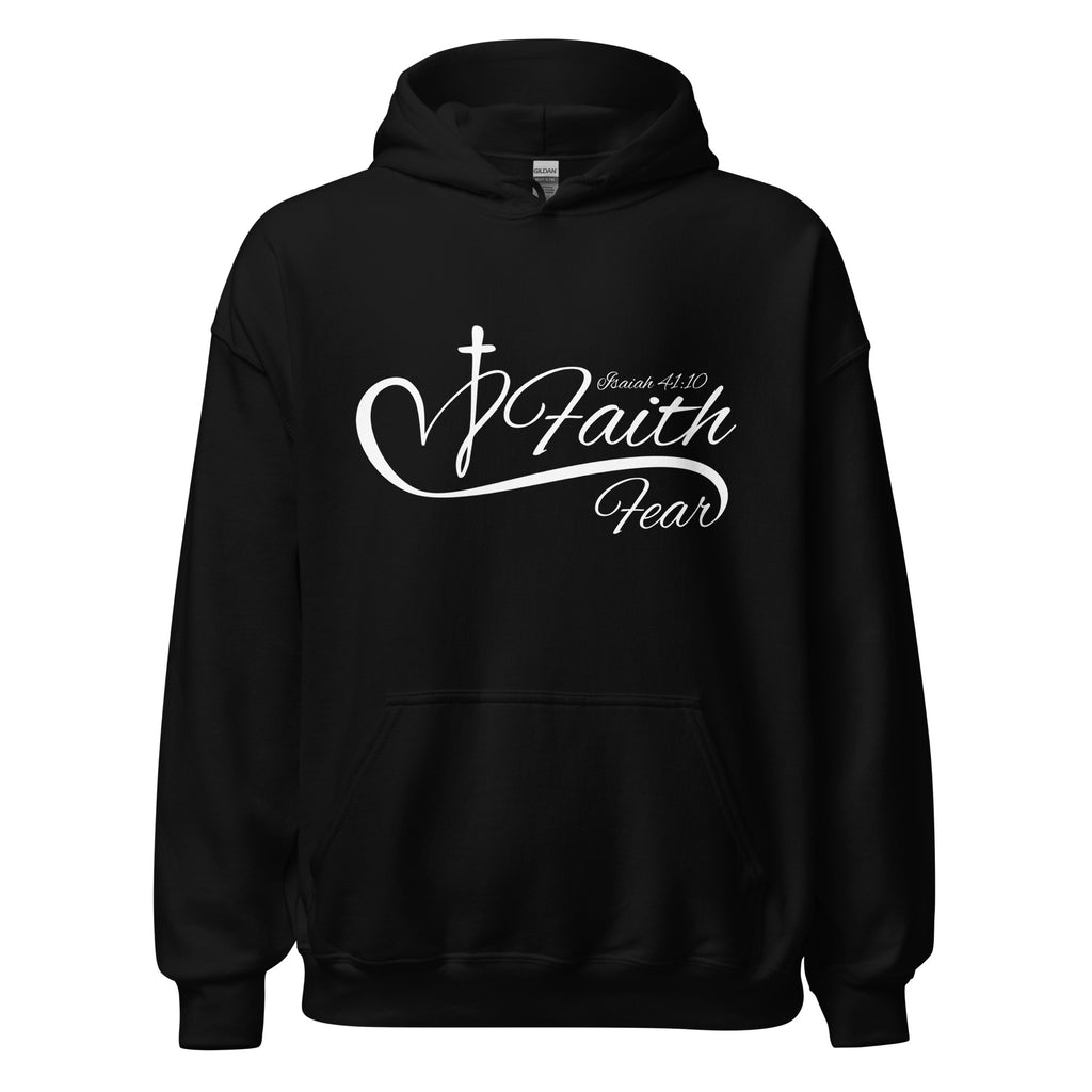 Women’s Christian hoodie featuring Faith Over Fear text with Faith larger above Fear, separated by a heart and cross design, inspired by Isaiah 41:10, shown in black
