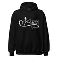 Women’s Christian hoodie featuring Faith Over Fear text with Faith larger above Fear, separated by a heart and cross design, inspired by Isaiah 41:10, shown in black