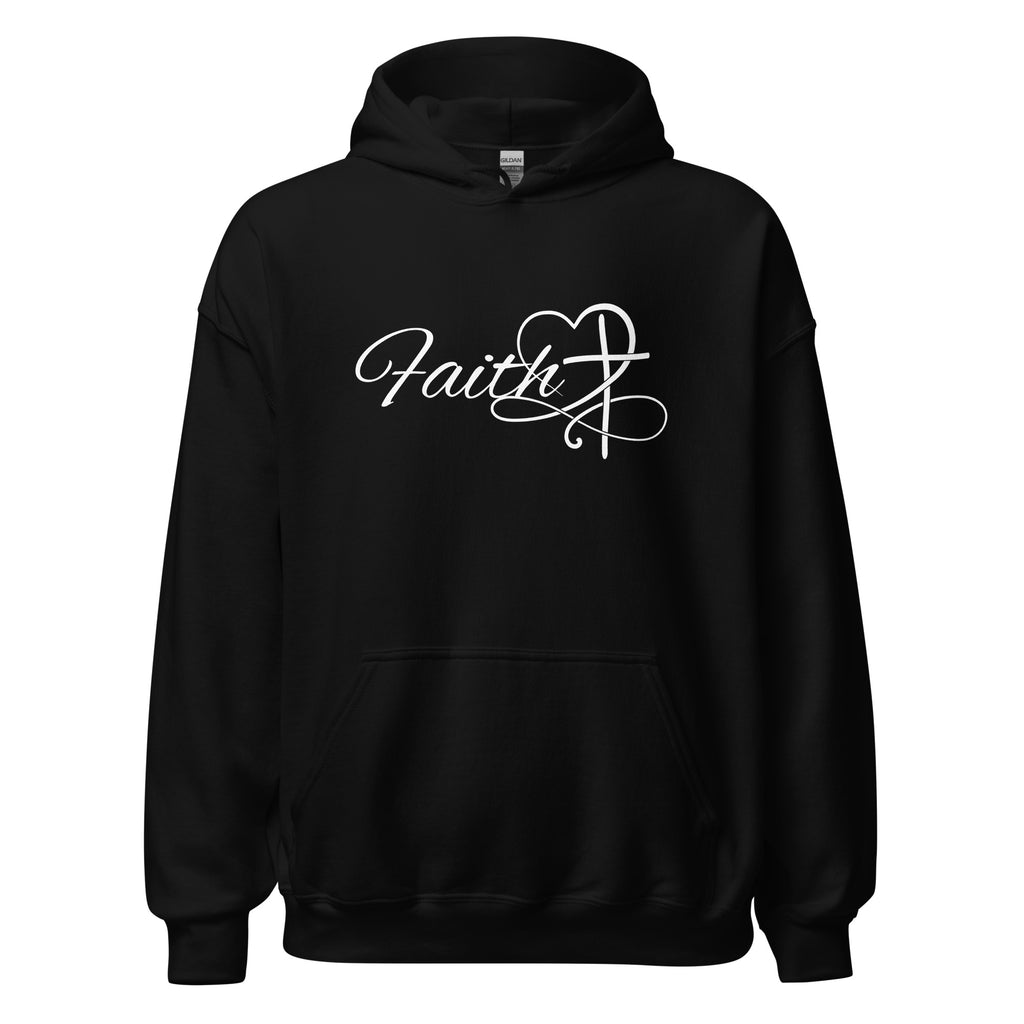 Flat lay front view of women’s Christian hoodie in black displaying the white script word “Faith” with a heart and cross design.