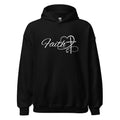 Flat lay front view of women’s Christian hoodie in black displaying the white script word “Faith” with a heart and cross design.