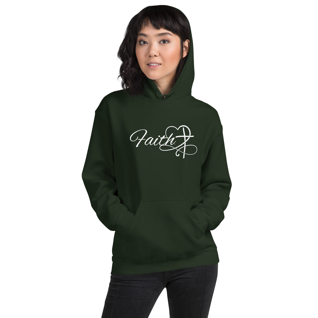 Female model wearing a forest green women’s Christian hoodie shown from the front, displaying the white script word “Faith” with a heart and cross design.