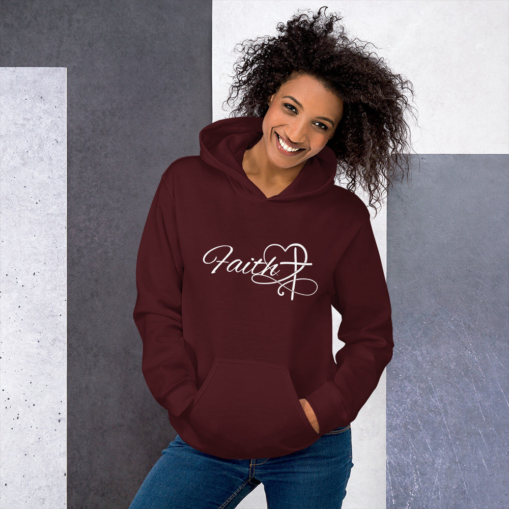 Female model wearing a maroon women’s Christian hoodie shown from the front, displaying the white script word “Faith” with a heart and cross design.