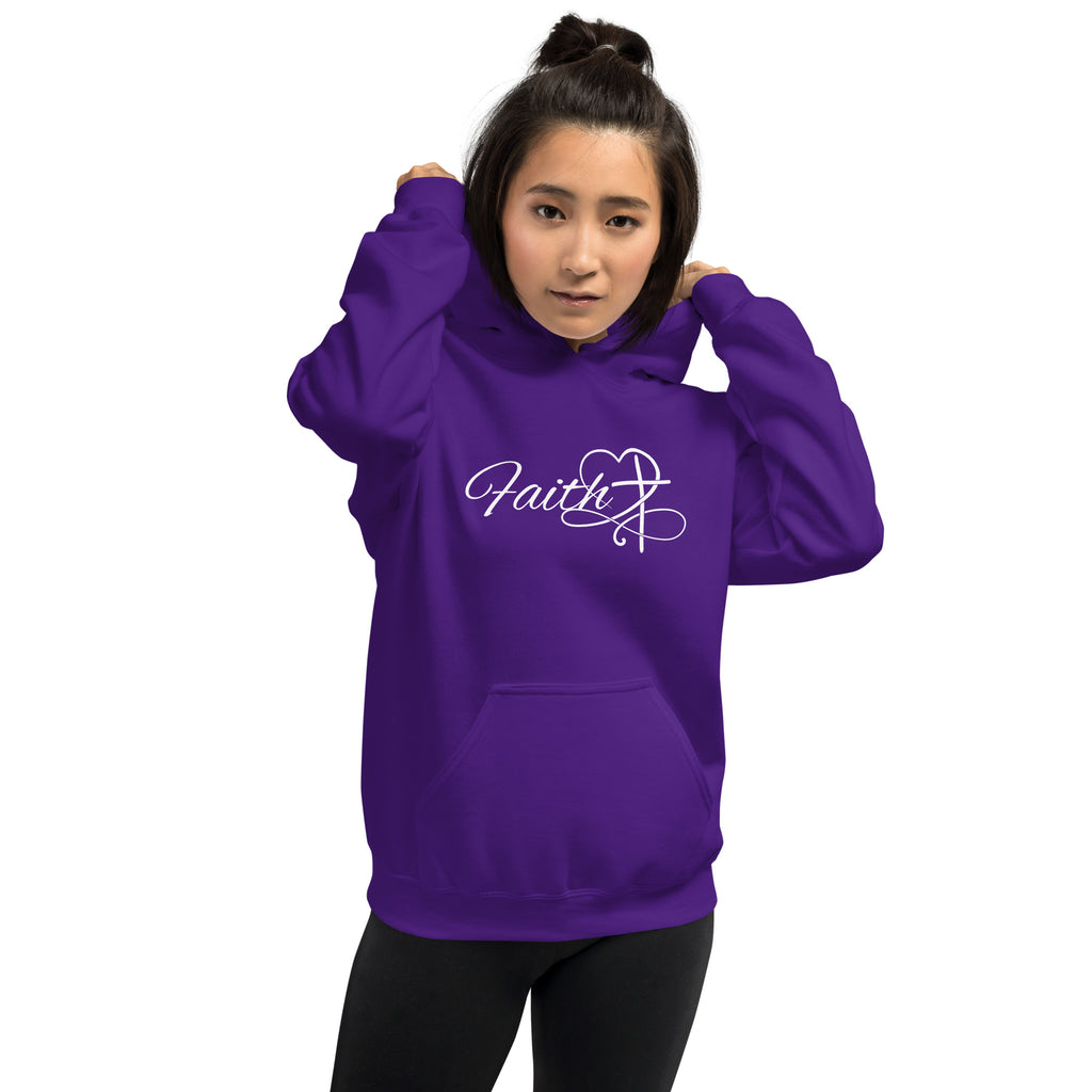 Female model wearing a purple women’s Christian hoodie shown from the front, displaying the white script word “Faith” with a heart and cross design.