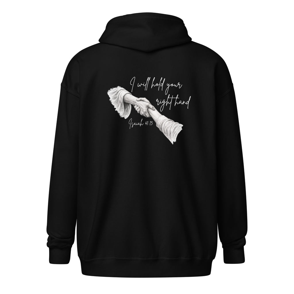 Flat lay back view of women’s Christian zip hoodie in black featuring script text reading I will hold your right hand with Isaiah 41:13 and illustration of Jesus holding a woman’s right hand