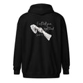 Flat lay back view of women’s Christian zip hoodie in black featuring script text reading I will hold your right hand with Isaiah 41:13 and illustration of Jesus holding a woman’s right hand