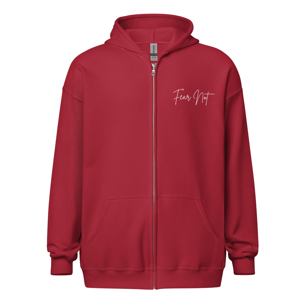 Flat lay front view of women’s Christian zip hoodie in cardinal red showing left chest script text reading Fear Not