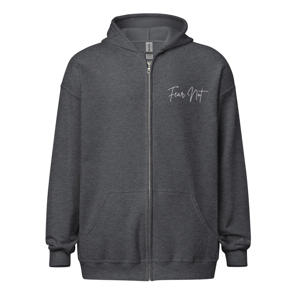 Flat lay front view of women’s Christian zip hoodie in dark heather showing left chest script text reading Fear Not