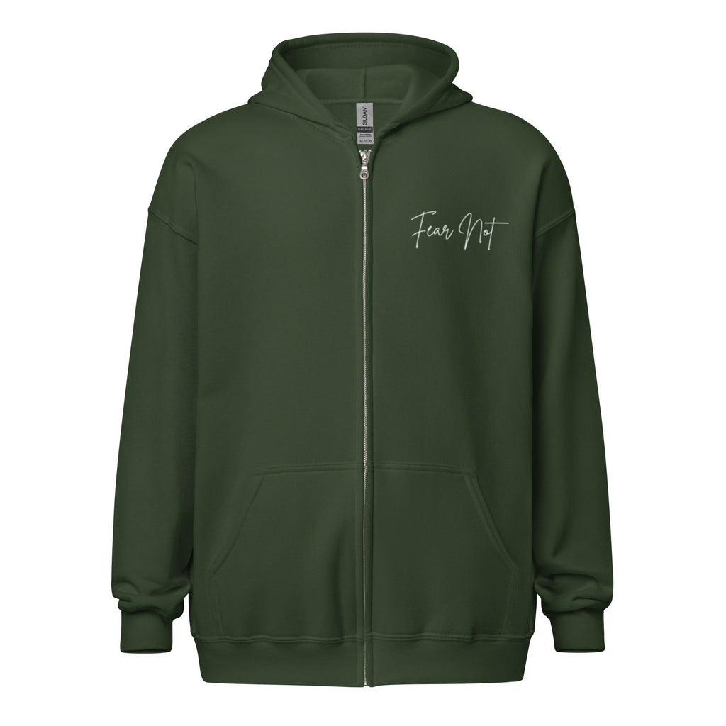 Flat lay front view of women’s Christian zip hoodie in forest green showing left chest script text reading Fear Not