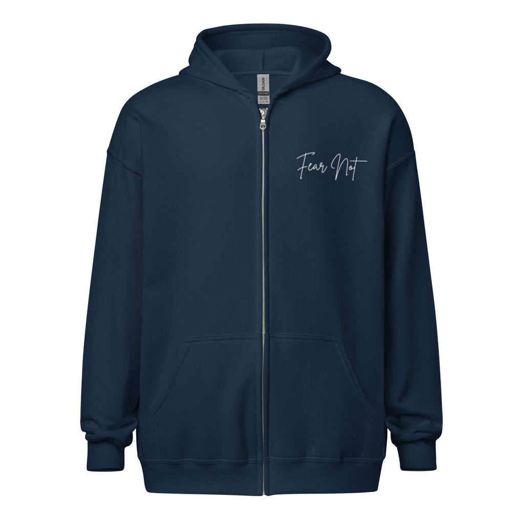 Flat lay front view of women’s Christian zip hoodie in navy showing left chest script text reading Fear Not