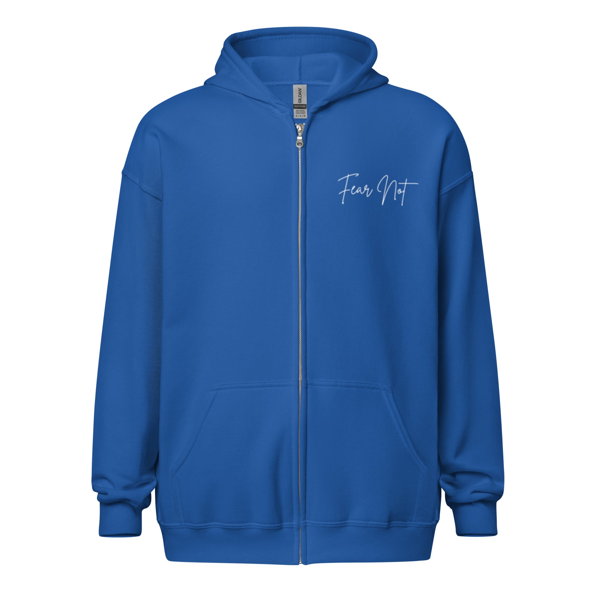 Flat lay front view of women’s Christian zip hoodie in royal blue showing left chest script text reading Fear Not