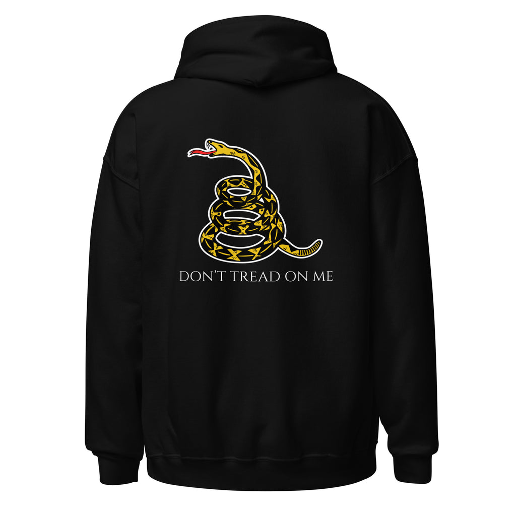Black men’s Christian hoodie flat lay showing historic snake with “Don’t Tread on Me” text on the back