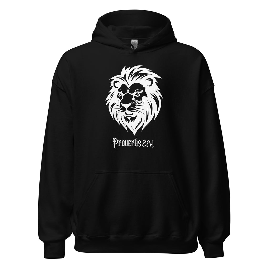 Black men’s Christian hoodie flat lay showing lion head with a bold, alert expression and Proverbs 28:1 in a medieval-inspired gothic font