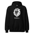Black men’s Christian hoodie flat lay showing lion head with a bold, alert expression and Proverbs 28:1 in a medieval-inspired gothic font
