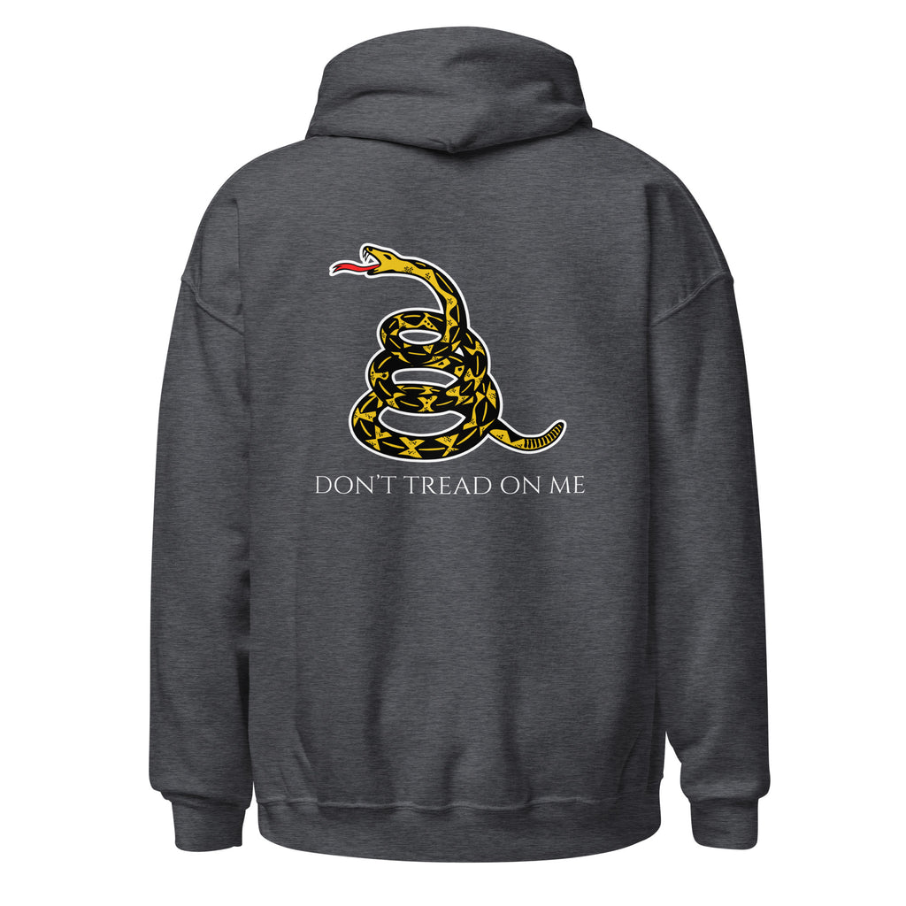 Dark heather men’s Christian hoodie flat lay showing historic snake with “Don’t Tread on Me” text