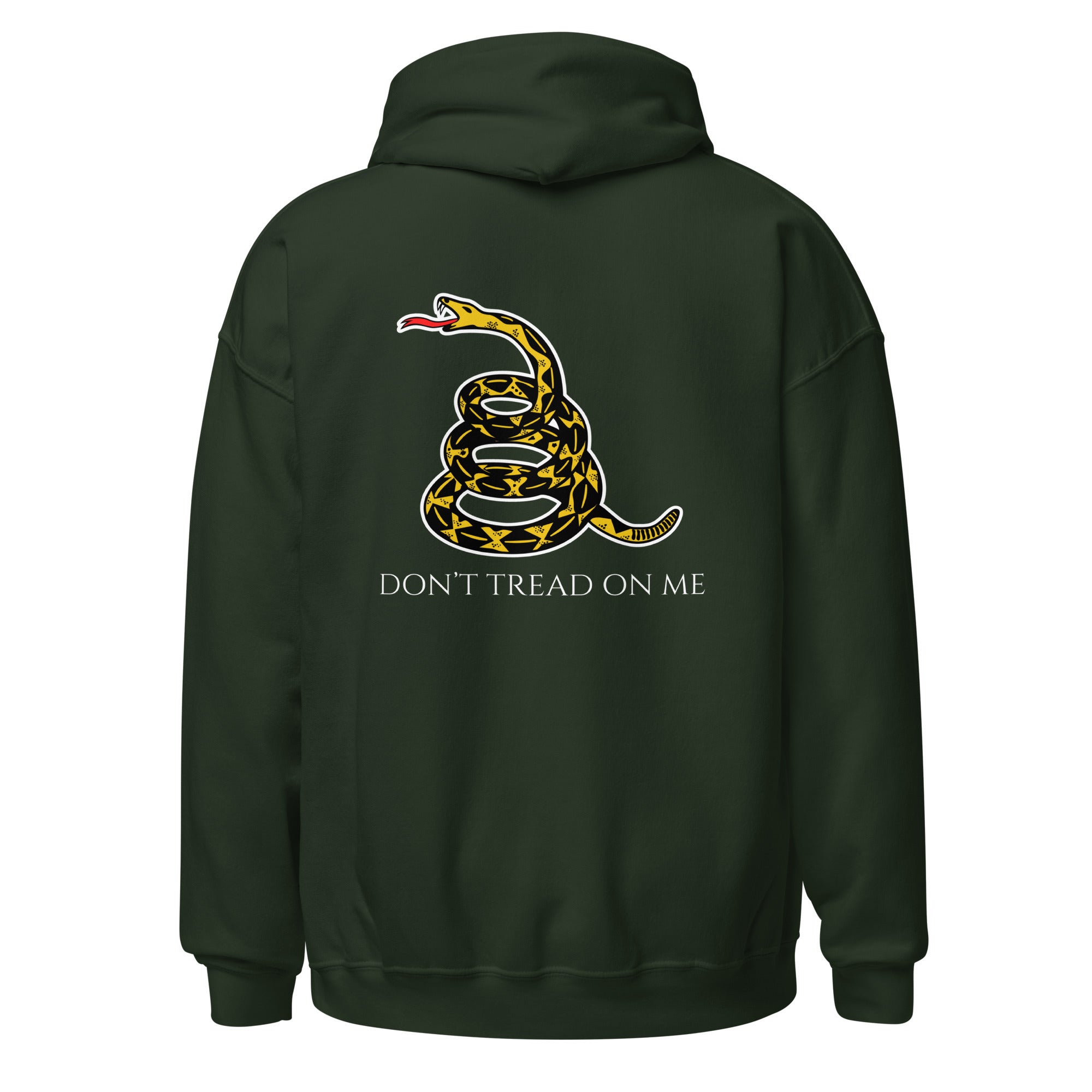Forest green men’s Christian hoodie flat lay showing historic snake with “Don’t Tread on Me” text