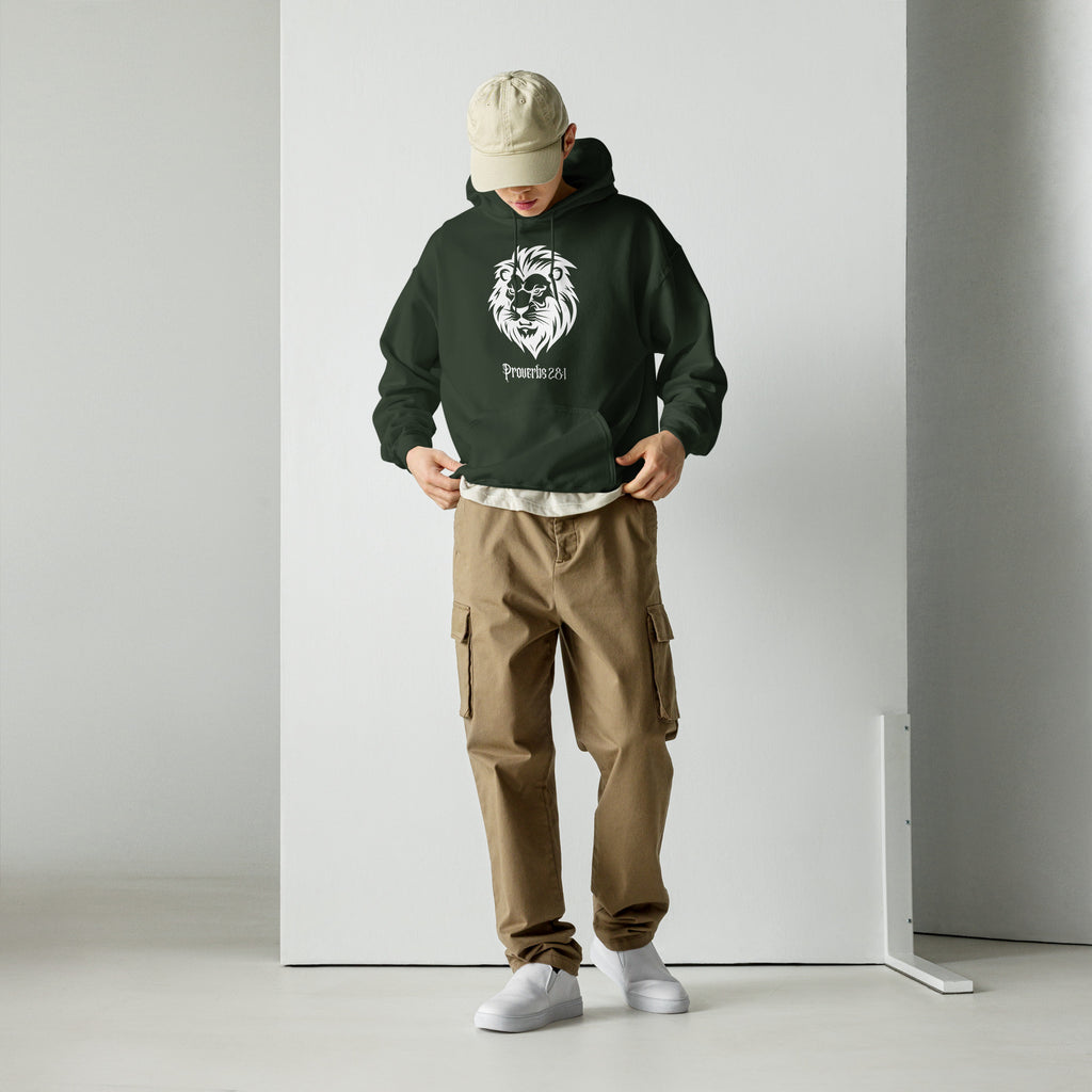 Male model wearing a forest green Christian hoodie, full body view, featuring a lion head with a strong, focused expression and Proverbs 28:1 in a medieval-inspired gothic font on the front