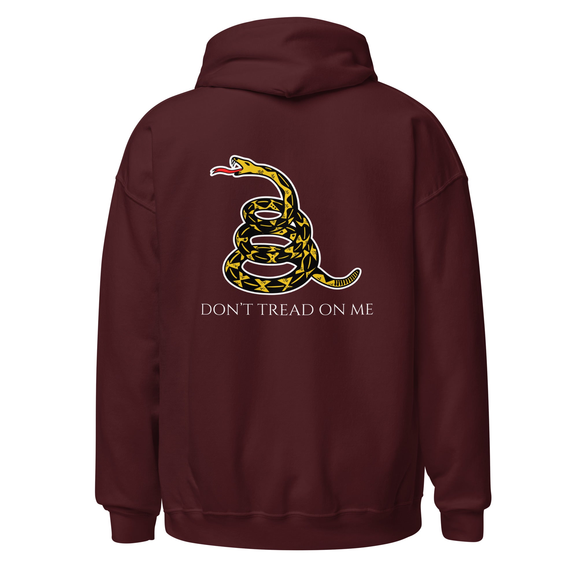 Maroon men’s Christian hoodie flat lay with historic snake and “Don’t Tread on Me” text on the back